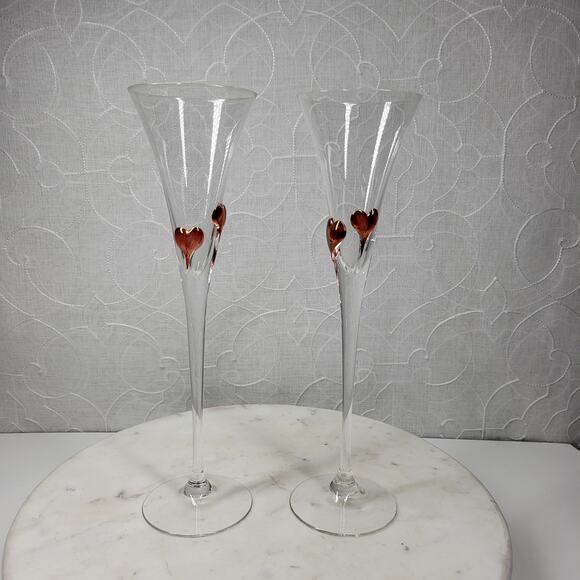 Heart Champagne Flutes 11.5" Red Bohemia Blown Glass Wedding Toast Set of 2 - Picture 1 of 16
